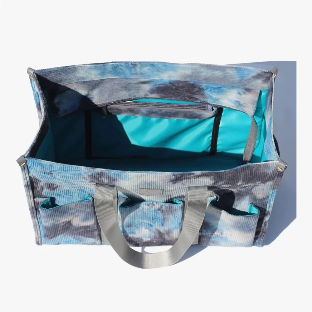 Corduroy Stylish Blue Tie-Dye Zipper Top Waterproof Sturdy Tote Bag - Picture 5 of 5